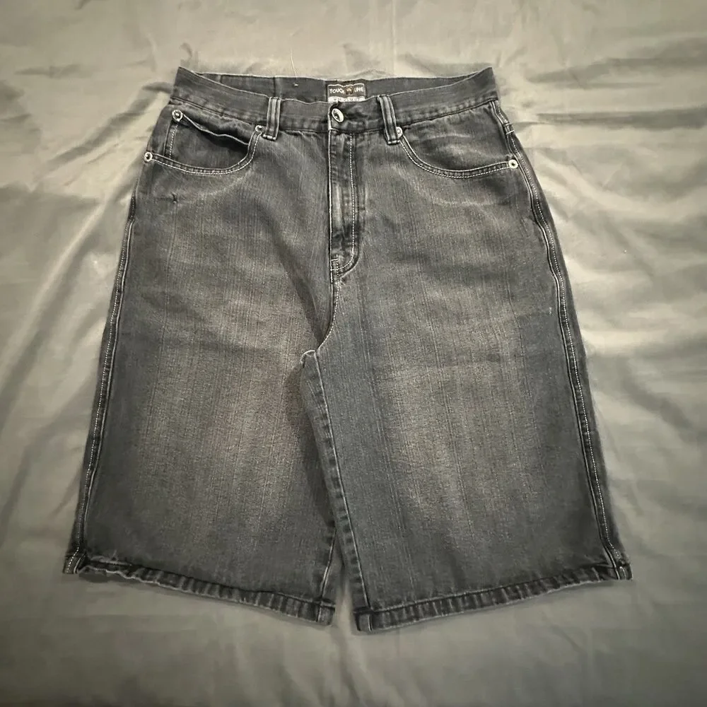 Vintage Jean Shorts Baggy Skater Streetwear Hip Hop Y2K Black Denim Faded
